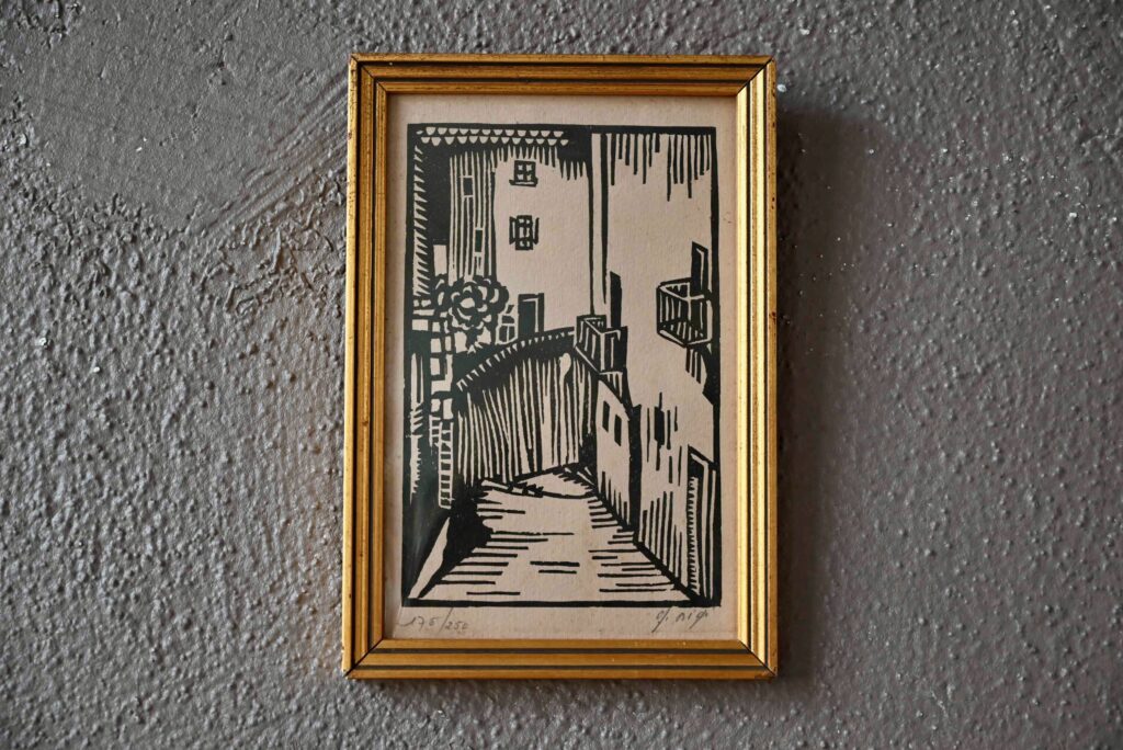 Linogravure "La rue" cadre doré vintage bauhaus ancienne 